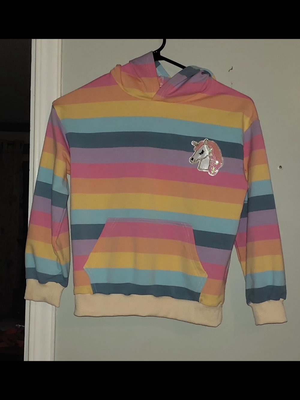 Kids Rainbow Stripe Hoodie with Sequin Unicorn Patch